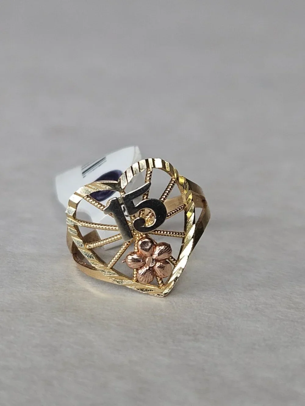 10K Tri-Color 3 Tone Gold Quinceneara 15 Anos Heart Ring Size 5.75